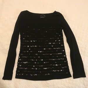 Sparkly INC sequin-striped black on black long sleeve boat neck top (L)